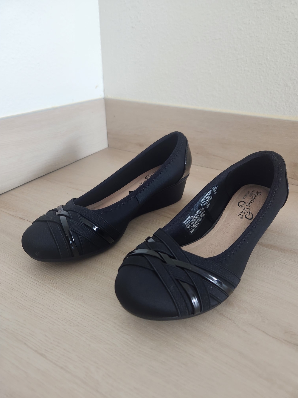 White Mountain Black Wedge Flats with Glossy Strap Detail